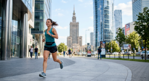 A vibrant, professional editorial photograph of a young, active person jogging through Warsaw's mode