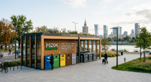 A professional, editorial-style photograph of a modern, clean waste collection point in Warsaw, feat