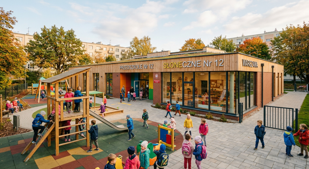 A high-quality, editorial-style photograph of a modern, welcoming public preschool building in Warsa
