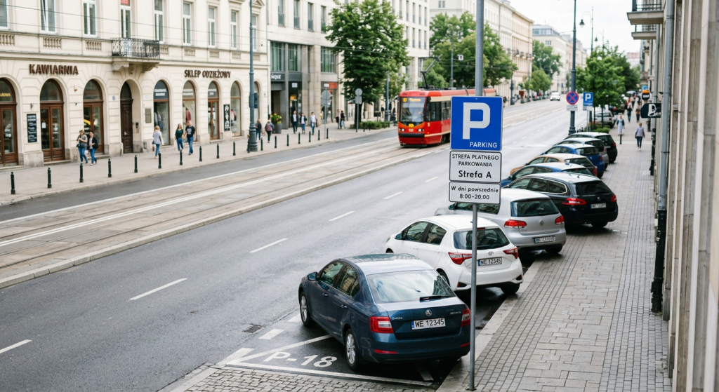 A high-angle, professional editorial photograph of a modern street in Warsaw featuring clear blue pa