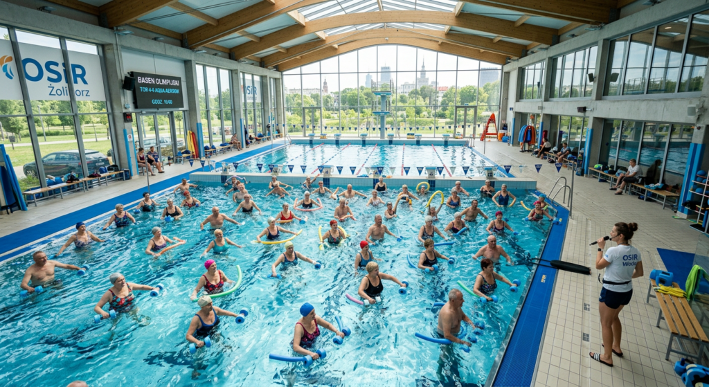A high-angle, editorial shot of a modern, sunlit public indoor swimming pool in Warsaw with active s