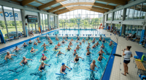 A high-angle, editorial shot of a modern, sunlit public indoor swimming pool in Warsaw with active s