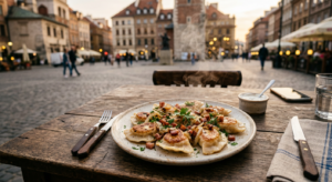 A top-down, editorial-style photograph of a rustic wooden table featuring a plate of steaming, handc