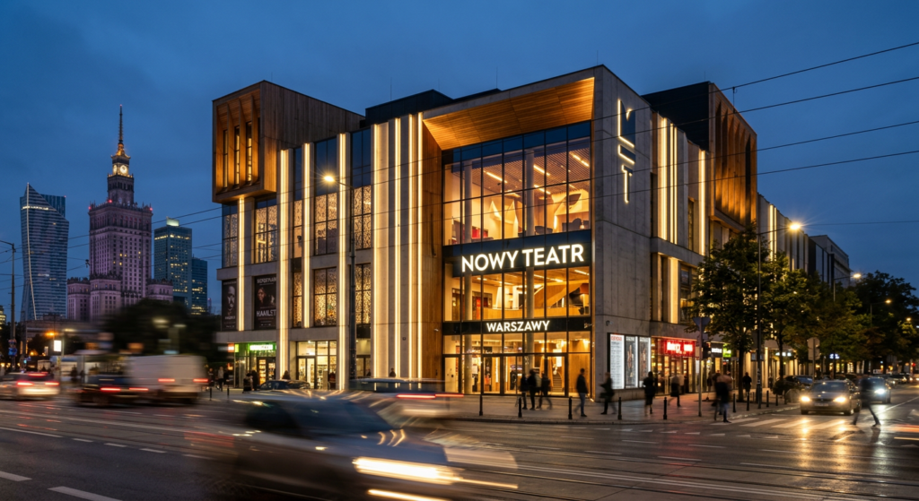 A high-quality, professional editorial shot of a modern theater building facade illuminated at dusk