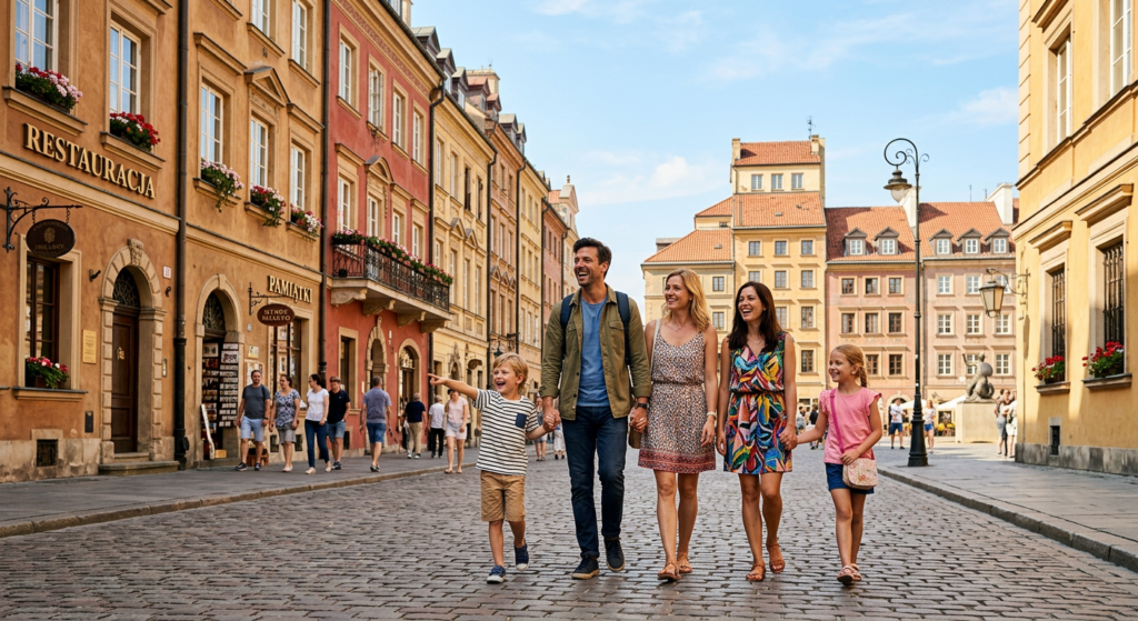 A high-quality, editorial-style photograph capturing a happy family exploring the historic, sunlit s