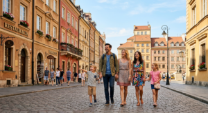 A high-quality, editorial-style photograph capturing a happy family exploring the historic, sunlit s