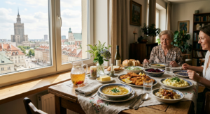A warm, editorial-style photograph of a table set with traditional Polish Sunday dinner served in a