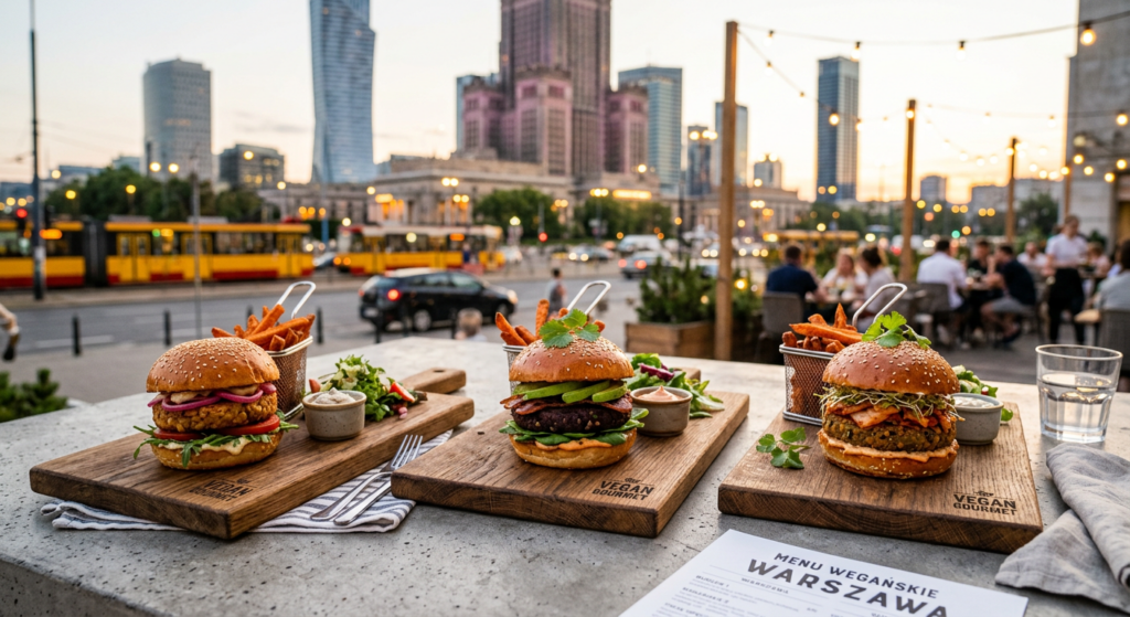 A professional, editorial-style flat lay photography of gourmet vegan burgers served on wooden board