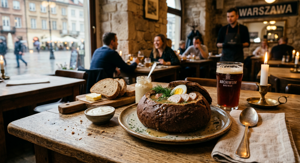A professional editorial photograph of a rustic, authentic Polish dish served on a wooden table in a