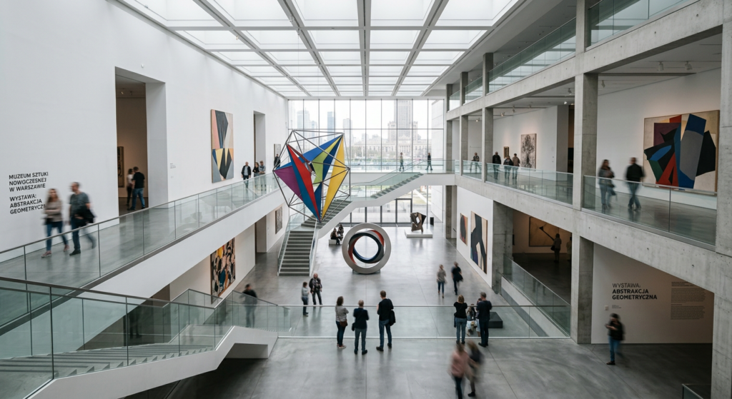 A high-angle, professional architectural shot of a contemporary art museum interior in Warsaw, featu