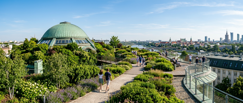 A professional editorial wide-angle shot of the lush green rooftop garden of the Warsaw University L