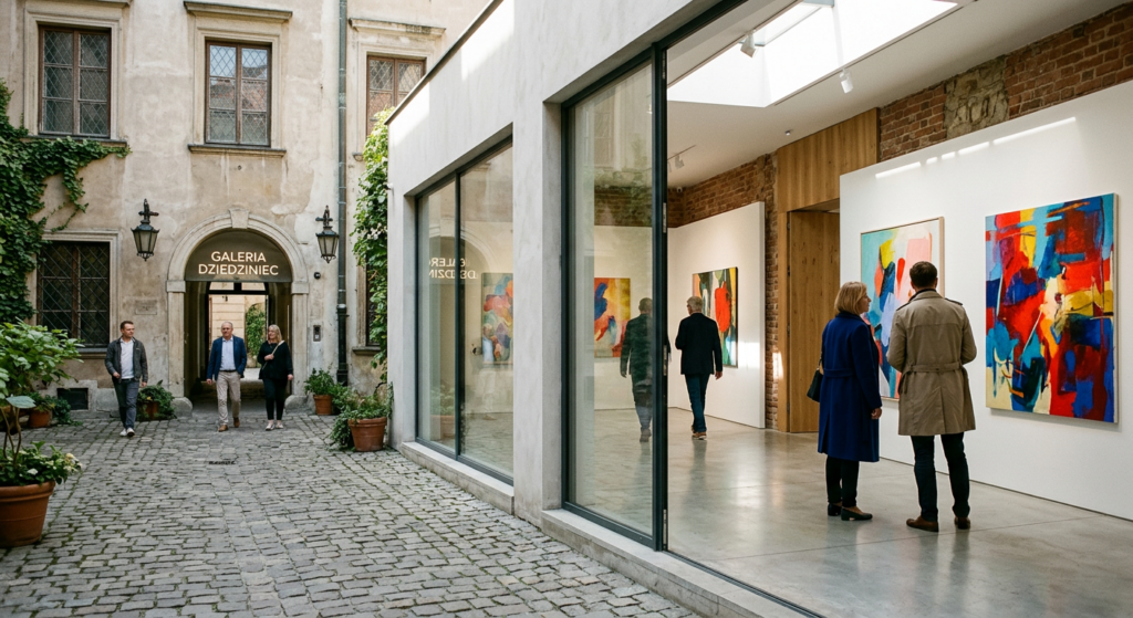 A professional, cinematic shot of a hidden, sunlit modern art gallery tucked away in a quiet histori