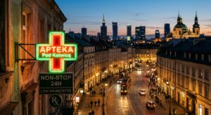 A professional, high-angle editorial photograph of historic Warsaw streets at twilight, featuring a