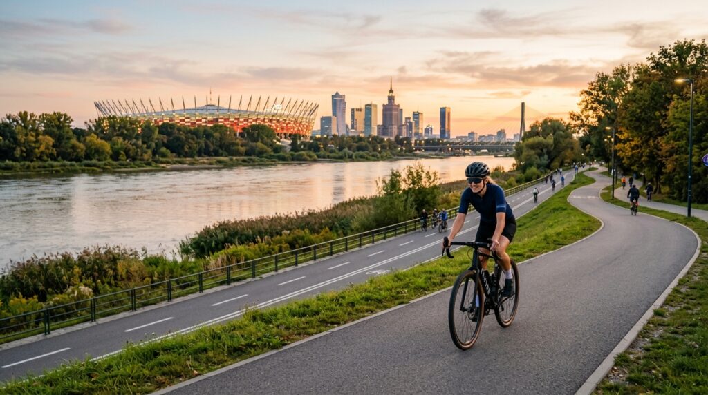 A wide-angle, professional editorial shot of a cyclist riding along a scenic, paved bicycle path by