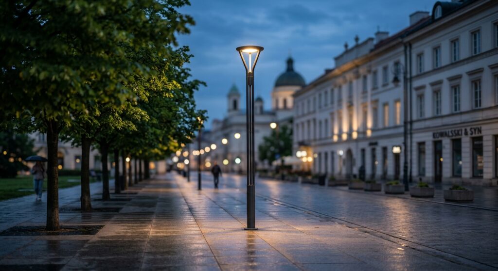 A professional, editorial-style photograph of a modern street lamp illuminating a clean, quiet Warsa